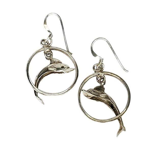 Sterling Silver Dangle Dolphin Hoop Earrings 1" - Picture 1 of 3